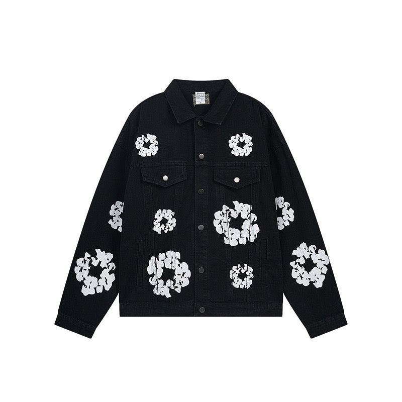 Black Denim Floral Hoodie