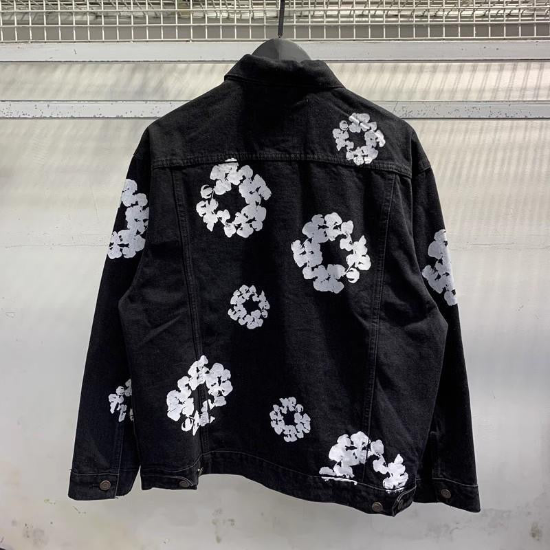 Black Denim Floral Hoodie