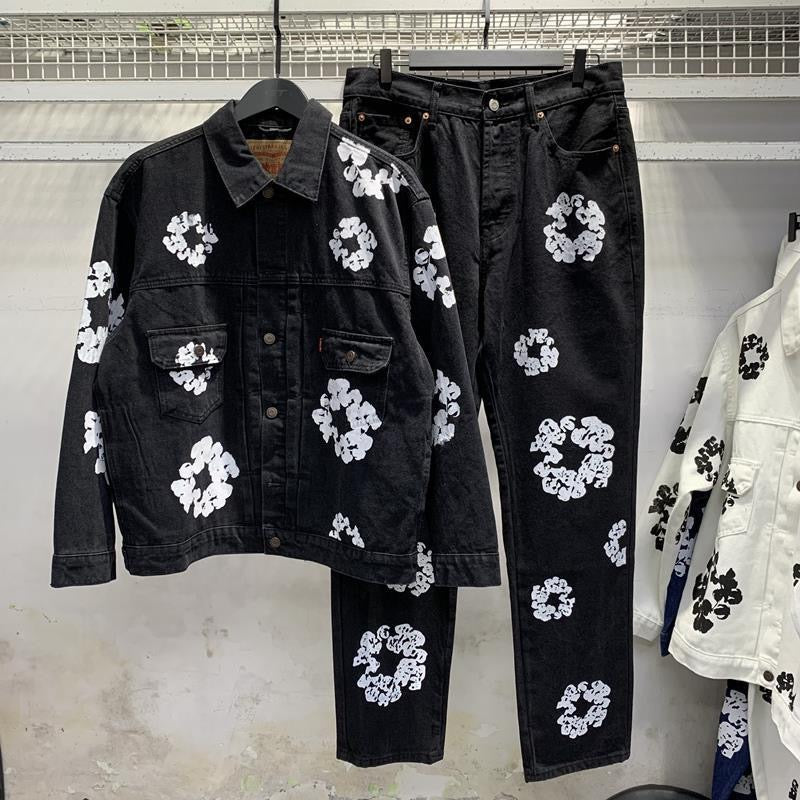 Black Denim Floral Set