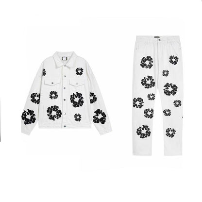 White Denim Floral Set